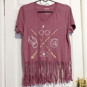 Harry Potter Heather Red Pink Fringed Hem Tee Top
